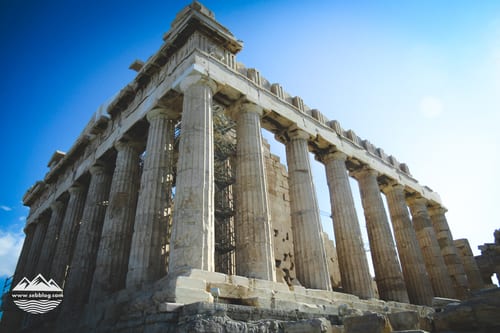 The Parthenon viewed from the flagged front side, scaffolding-free
